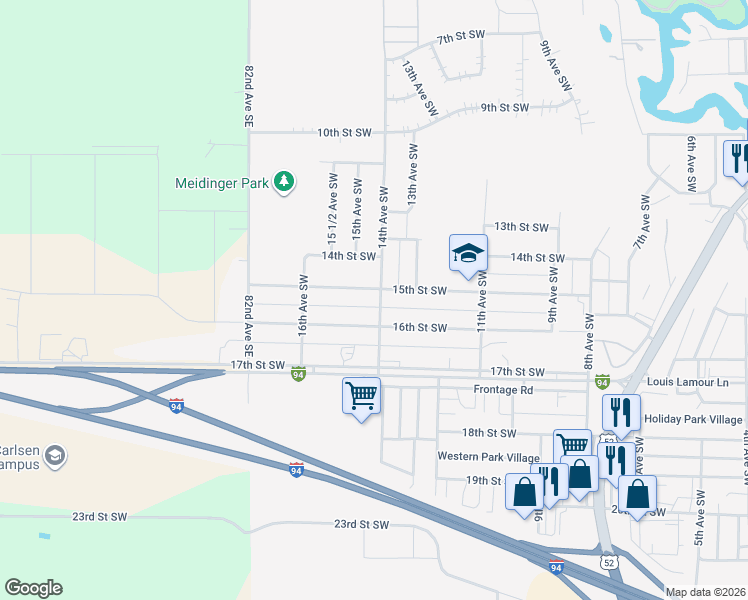 map of restaurants, bars, coffee shops, grocery stores, and more near 1502 14th Avenue Southwest in Jamestown