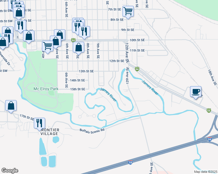 map of restaurants, bars, coffee shops, grocery stores, and more near 1410 Gardenette Drive in Jamestown