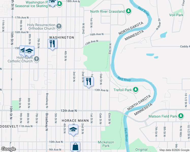 map of restaurants, bars, coffee shops, grocery stores, and more near 1345 1st Street North in Fargo