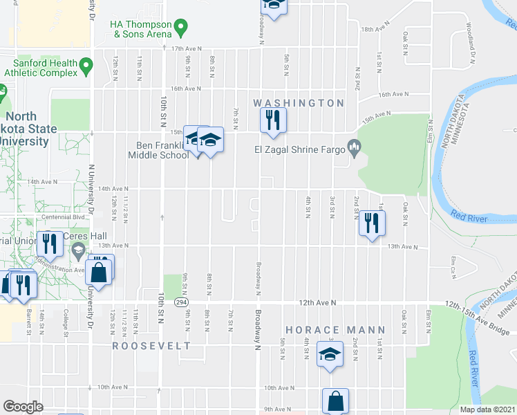 map of restaurants, bars, coffee shops, grocery stores, and more near 1351 Broadway North in Fargo