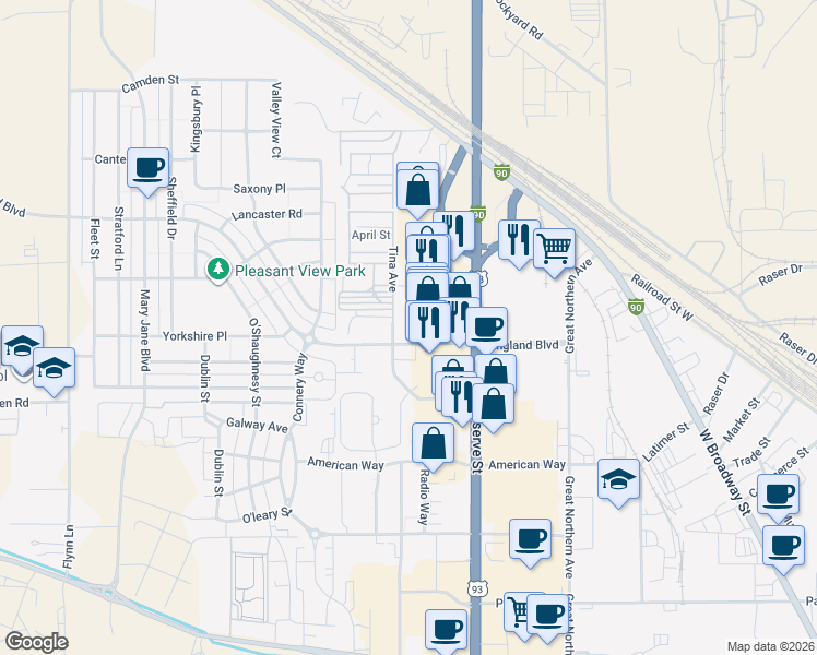 map of restaurants, bars, coffee shops, grocery stores, and more near 3206 Tina Avenue in Missoula