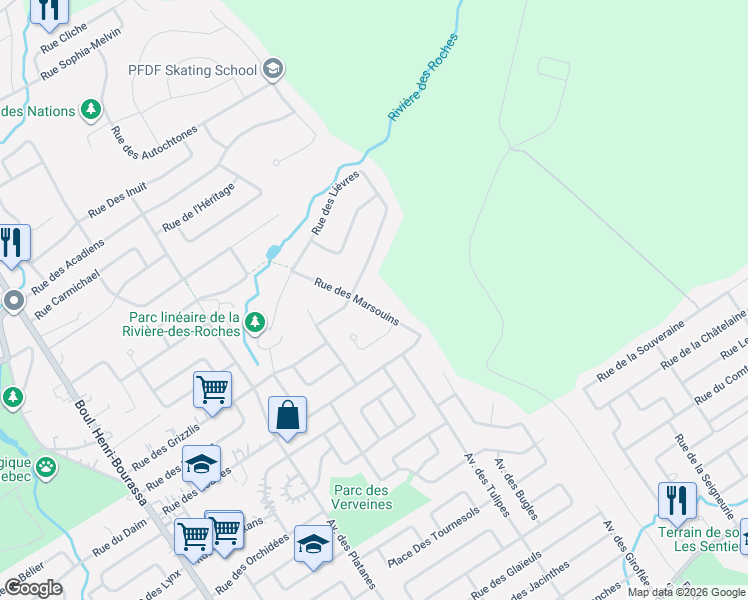 map of restaurants, bars, coffee shops, grocery stores, and more near 8838 Rue des Marsouins in Québec