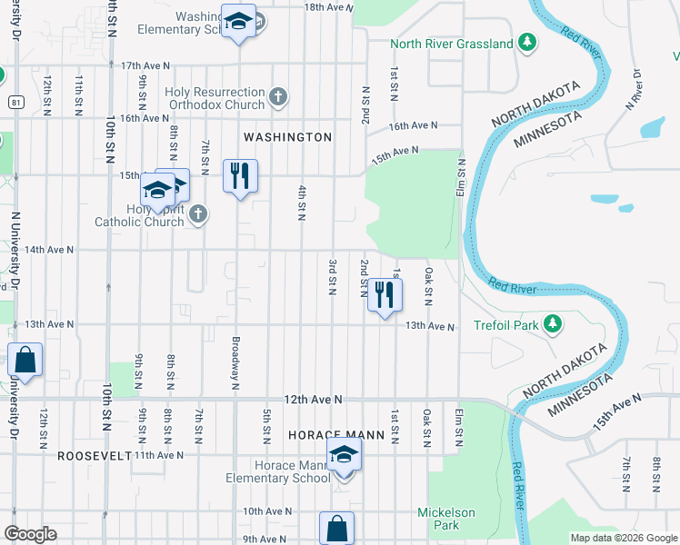 map of restaurants, bars, coffee shops, grocery stores, and more near 1345 3rd Street North in Fargo