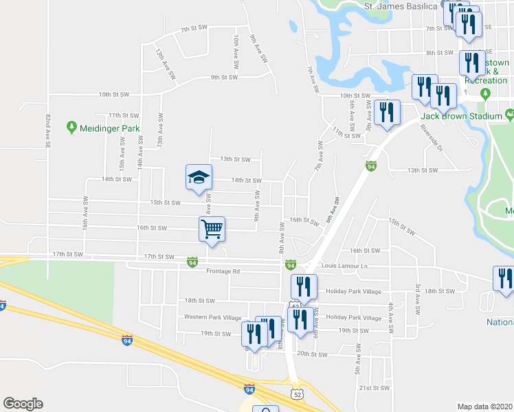 map of restaurants, bars, coffee shops, grocery stores, and more near 1500 9th Avenue Southwest in Jamestown