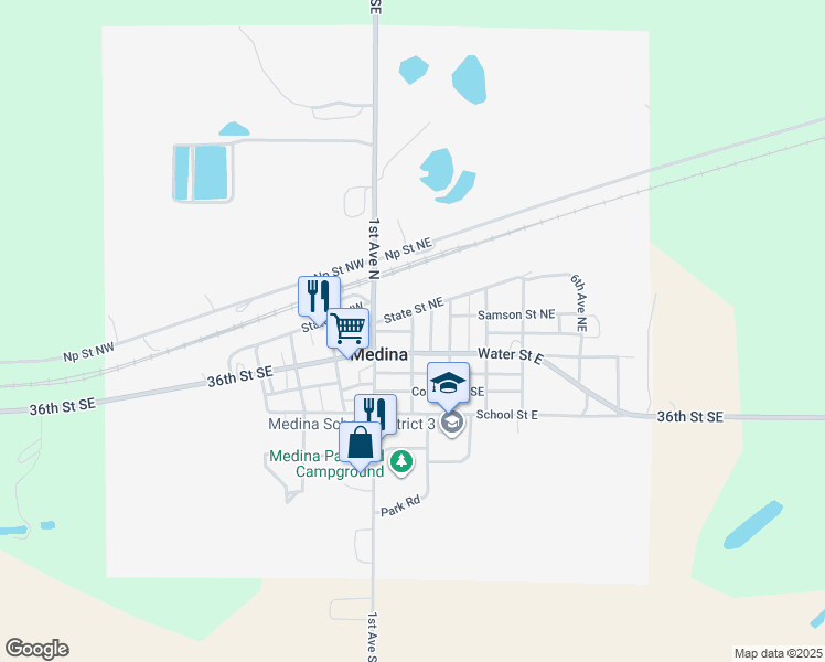 map of restaurants, bars, coffee shops, grocery stores, and more near 188 2nd Avenue Northeast in Medina