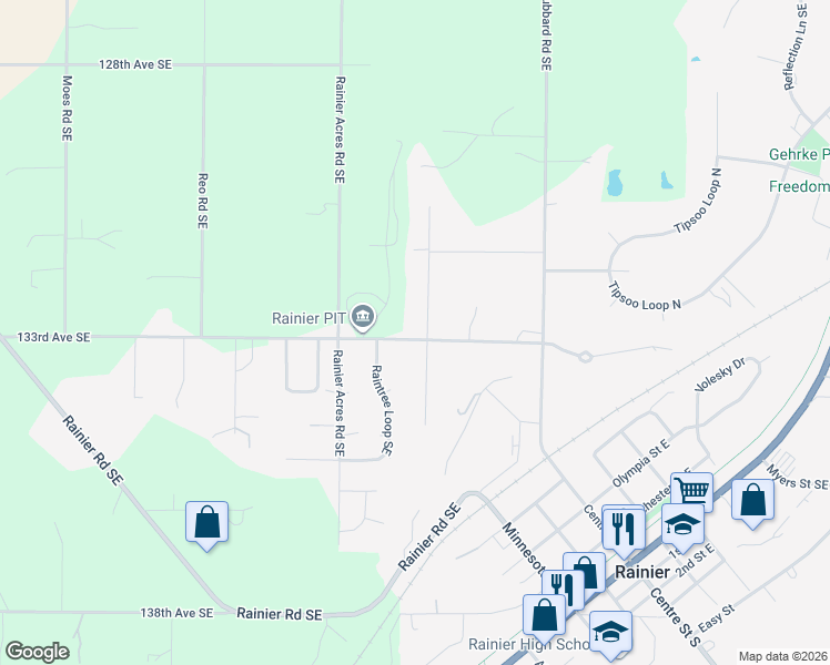 map of restaurants, bars, coffee shops, grocery stores, and more near 102 Carver Walk Southeast in Rainier