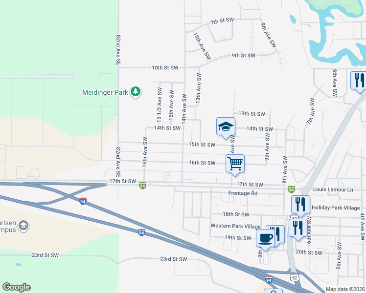 map of restaurants, bars, coffee shops, grocery stores, and more near 1502 14th Avenue Southwest in Jamestown