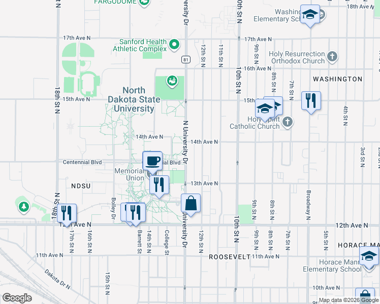 map of restaurants, bars, coffee shops, grocery stores, and more near 1349 North University Drive in Fargo