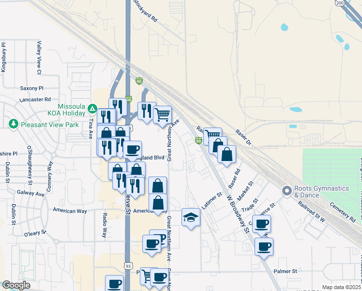 map of restaurants, bars, coffee shops, grocery stores, and more near 3320 Great Northern Avenue in Missoula