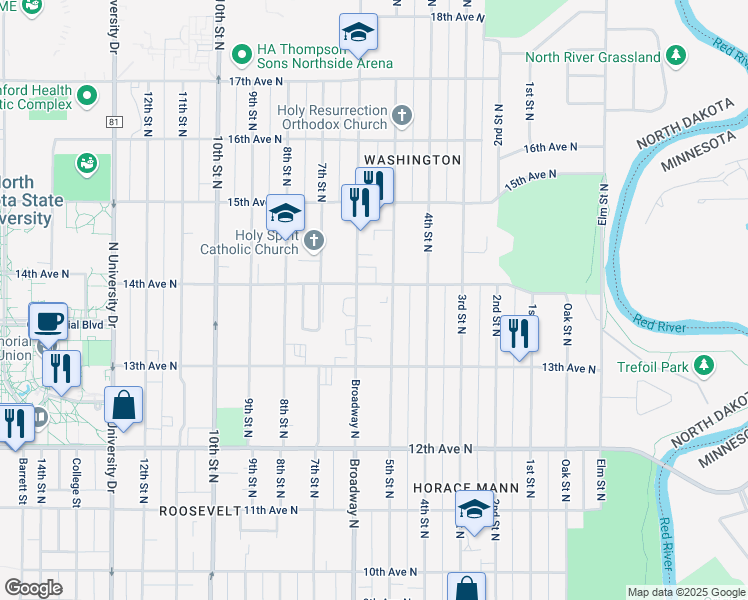 map of restaurants, bars, coffee shops, grocery stores, and more near 1351 Broadway North in Fargo