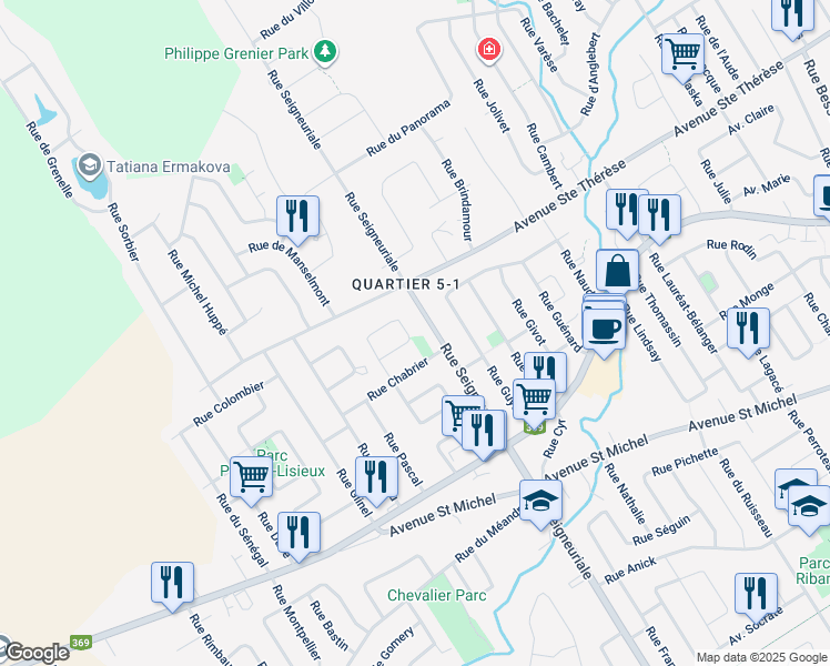 map of restaurants, bars, coffee shops, grocery stores, and more near 145 Place de Lourmel in Québec