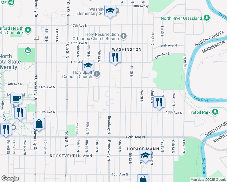 map of restaurants, bars, coffee shops, grocery stores, and more near 1351 Broadway North in Fargo