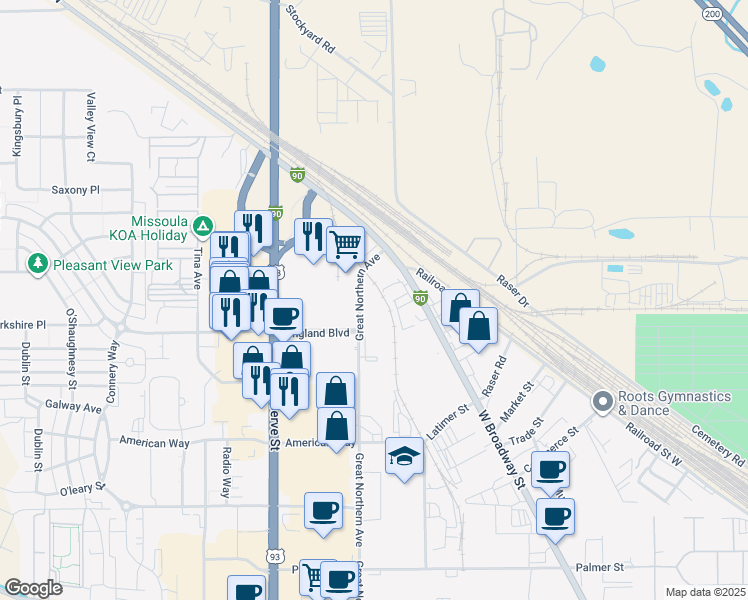 map of restaurants, bars, coffee shops, grocery stores, and more near 3320 Great Northern Avenue in Missoula
