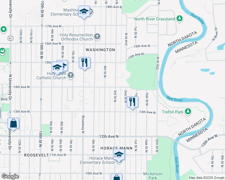 map of restaurants, bars, coffee shops, grocery stores, and more near 1345 3rd Street North in Fargo