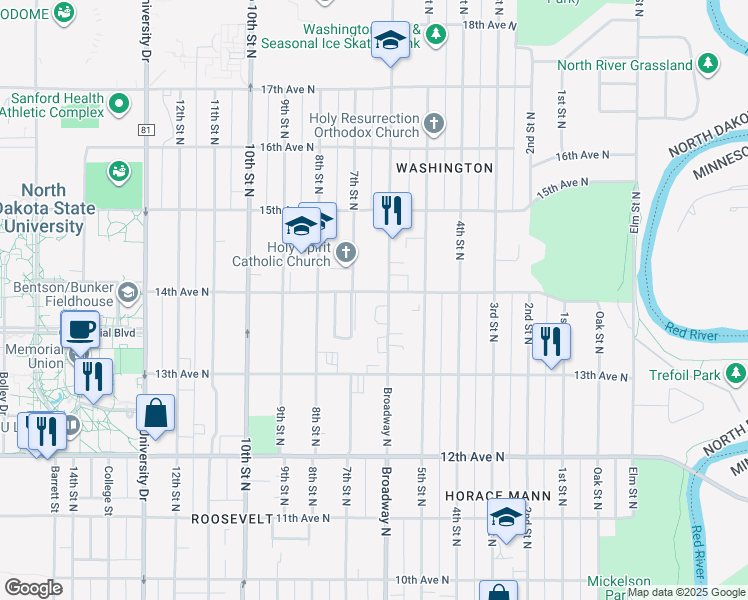 map of restaurants, bars, coffee shops, grocery stores, and more near 1350 Broadway North in Fargo