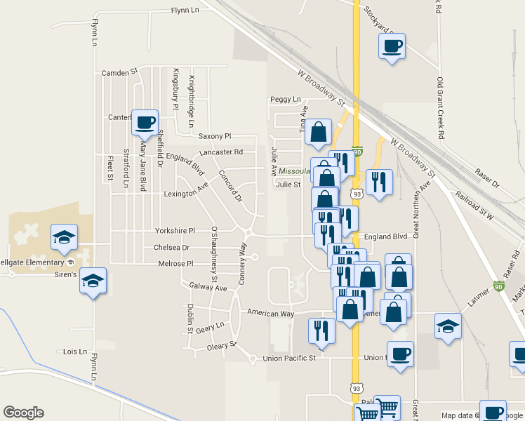 map of restaurants, bars, coffee shops, grocery stores, and more near 3308 Connery Way in Missoula