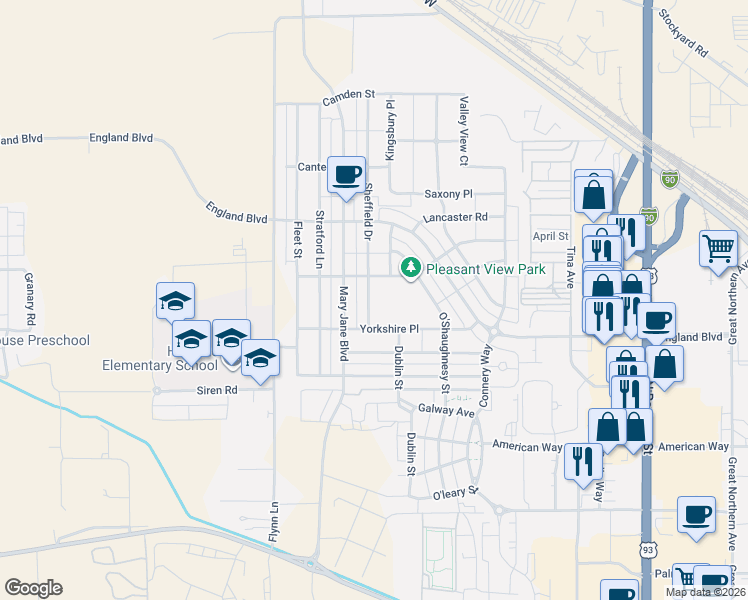 map of restaurants, bars, coffee shops, grocery stores, and more near 2626 Sheffield Drive in Missoula