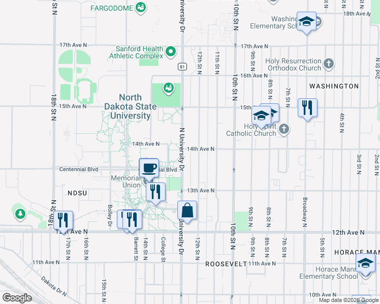map of restaurants, bars, coffee shops, grocery stores, and more near 1349 North University Drive in Fargo