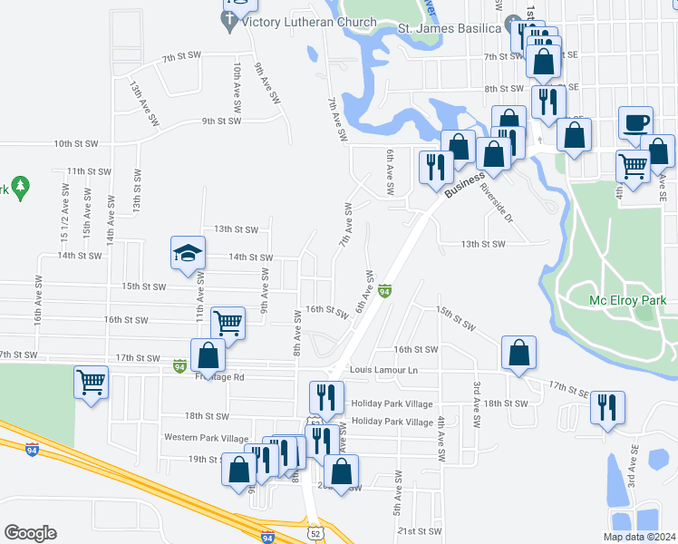 map of restaurants, bars, coffee shops, grocery stores, and more near 1407 7th Avenue Southwest in Jamestown