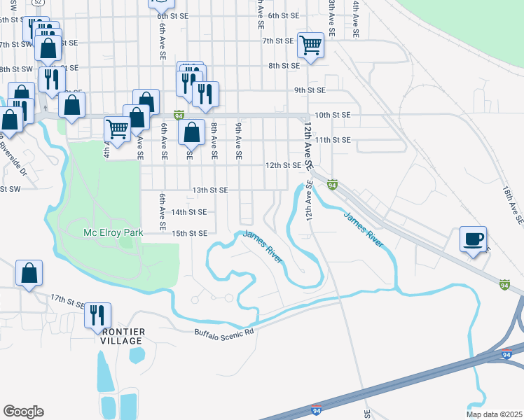 map of restaurants, bars, coffee shops, grocery stores, and more near 1410 Gardenette Drive in Jamestown
