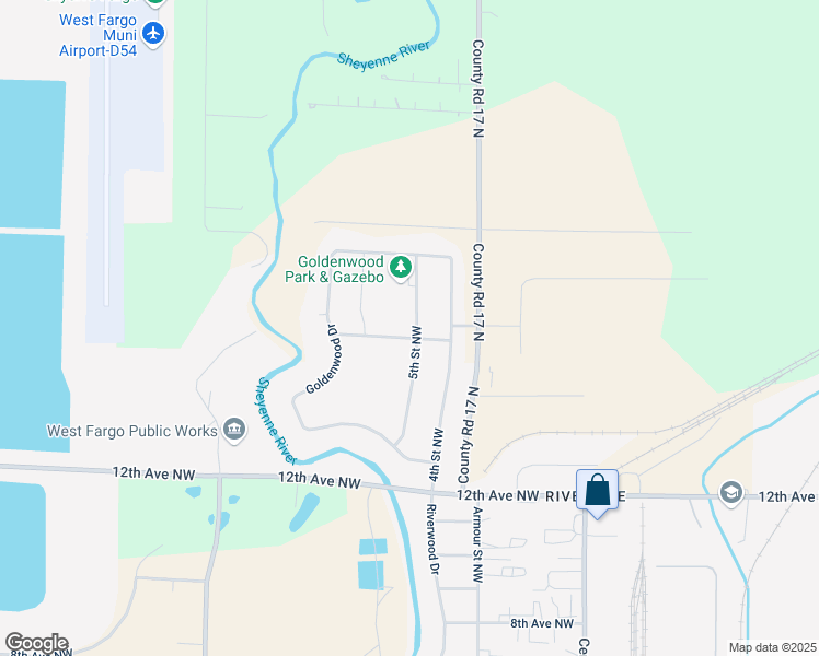 map of restaurants, bars, coffee shops, grocery stores, and more near 1313 5th Street Circle Northwest in West Fargo