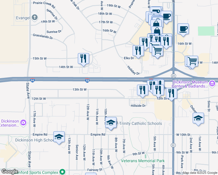 map of restaurants, bars, coffee shops, grocery stores, and more near 894 13th Street West in Dickinson