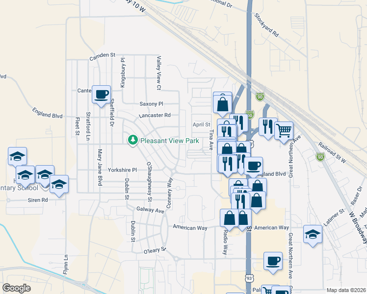 map of restaurants, bars, coffee shops, grocery stores, and more near 3414 Connery Way in Missoula