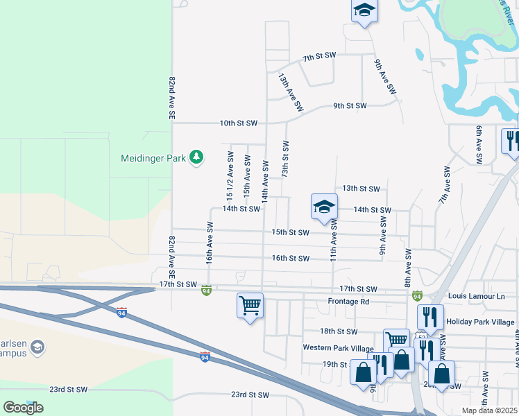 map of restaurants, bars, coffee shops, grocery stores, and more near 1400 14th Avenue Southwest in Jamestown