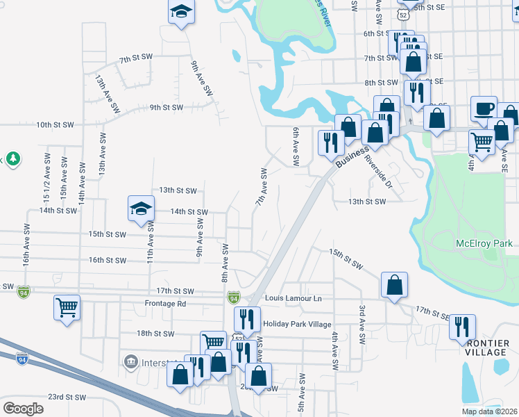 map of restaurants, bars, coffee shops, grocery stores, and more near 1403 7th Avenue Southwest in Jamestown