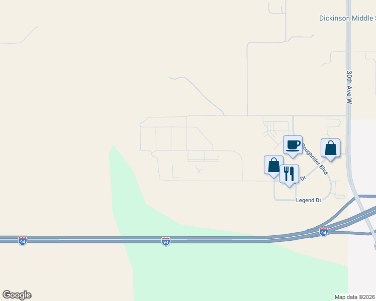 map of restaurants, bars, coffee shops, grocery stores, and more near 4461 12th Street West in Dickinson