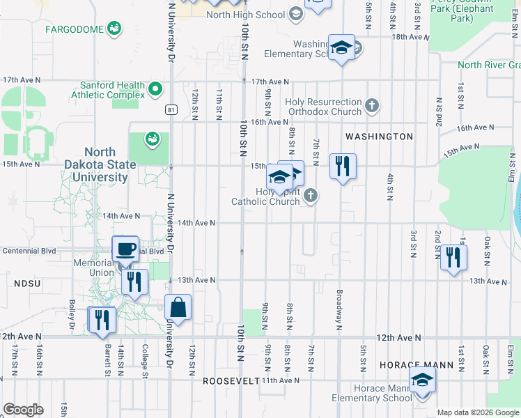 map of restaurants, bars, coffee shops, grocery stores, and more near 1414 9th Street North in Fargo