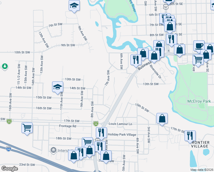 map of restaurants, bars, coffee shops, grocery stores, and more near 1403 7th Avenue Southwest in Jamestown