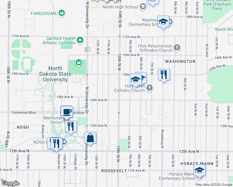map of restaurants, bars, coffee shops, grocery stores, and more near 1421 10th Street North in Fargo