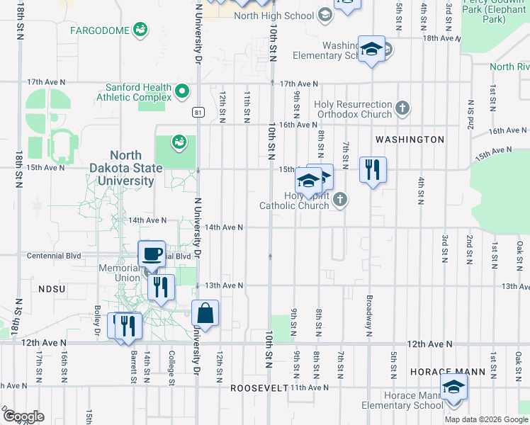 map of restaurants, bars, coffee shops, grocery stores, and more near 1421 10th Street North in Fargo