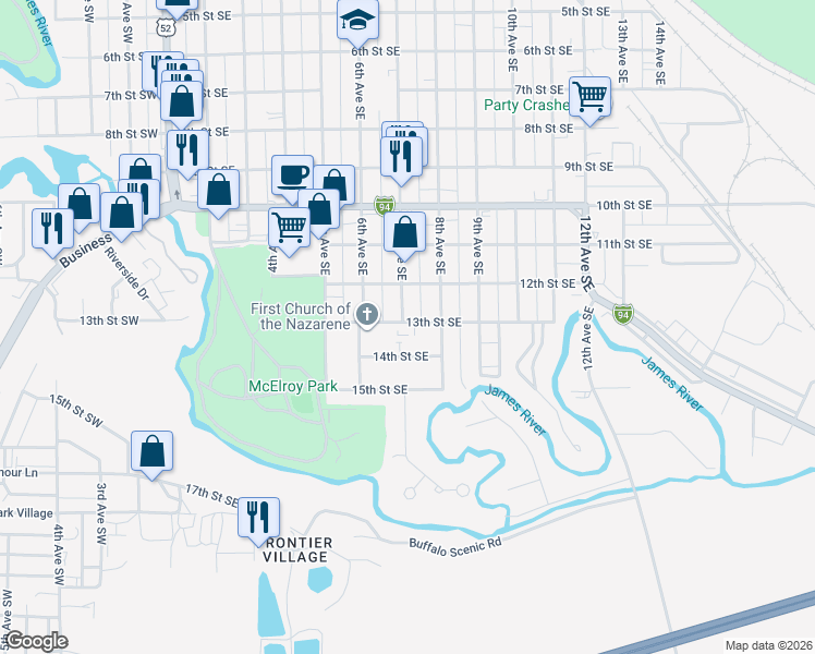 map of restaurants, bars, coffee shops, grocery stores, and more near 731 13th Street Southeast in Jamestown