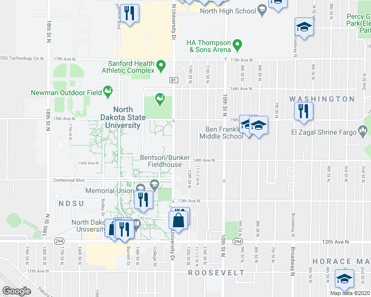 map of restaurants, bars, coffee shops, grocery stores, and more near 1417 12th Street North in Fargo