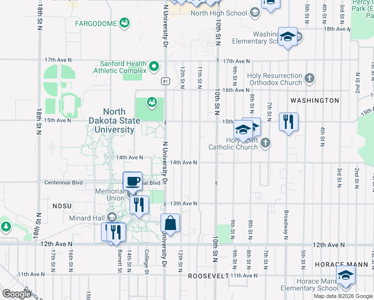 map of restaurants, bars, coffee shops, grocery stores, and more near 1417 12th Street North in Fargo