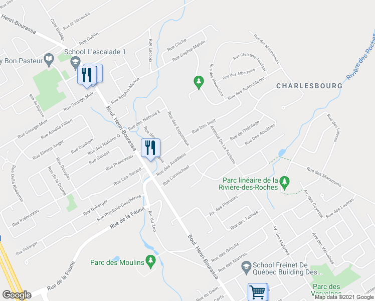 map of restaurants, bars, coffee shops, grocery stores, and more near 85 Rue des Acadiens in Ville de Québec