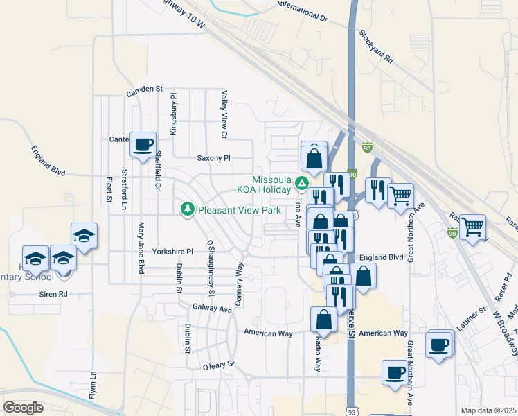 map of restaurants, bars, coffee shops, grocery stores, and more near 3414 Connery Way in Missoula