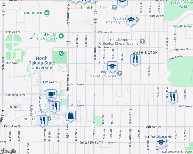 map of restaurants, bars, coffee shops, grocery stores, and more near 1421 10th Street North in Fargo