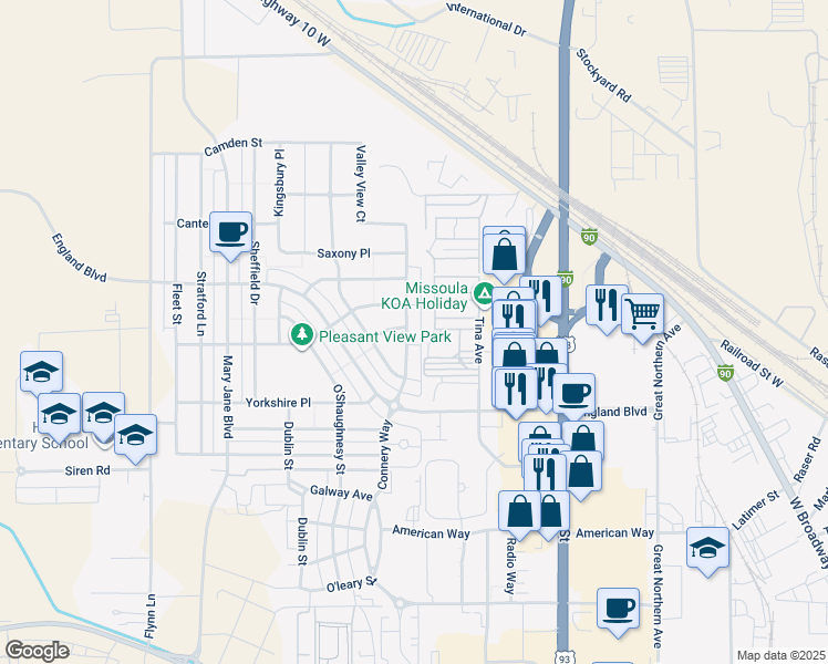 map of restaurants, bars, coffee shops, grocery stores, and more near 3414 Connery Way in Missoula