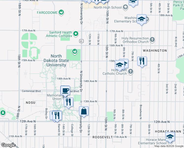 map of restaurants, bars, coffee shops, grocery stores, and more near 1417 12th Street North in Fargo