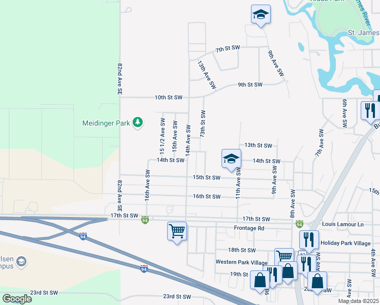 map of restaurants, bars, coffee shops, grocery stores, and more near 1400-1414 14th Avenue Southwest in Jamestown