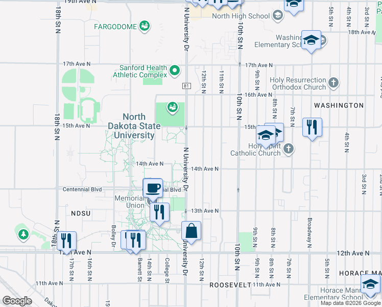 map of restaurants, bars, coffee shops, grocery stores, and more near 1421 North University Drive in Fargo