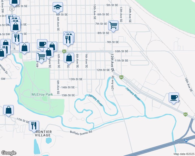 map of restaurants, bars, coffee shops, grocery stores, and more near 1005 13th Street Southeast in Jamestown