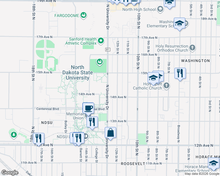 map of restaurants, bars, coffee shops, grocery stores, and more near 1421 North University Drive in Fargo