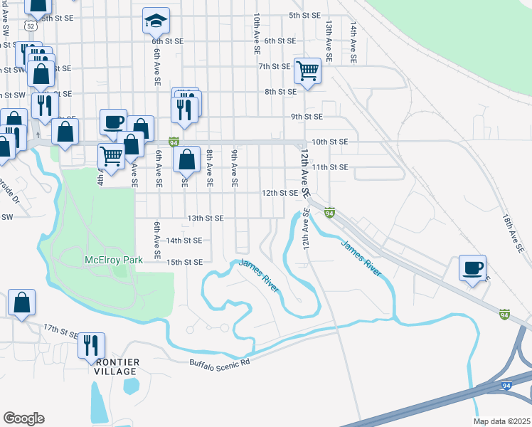 map of restaurants, bars, coffee shops, grocery stores, and more near 1005 13th Street Southeast in Jamestown