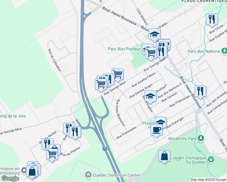 map of restaurants, bars, coffee shops, grocery stores, and more near 295 Rue George-Muir in Québec