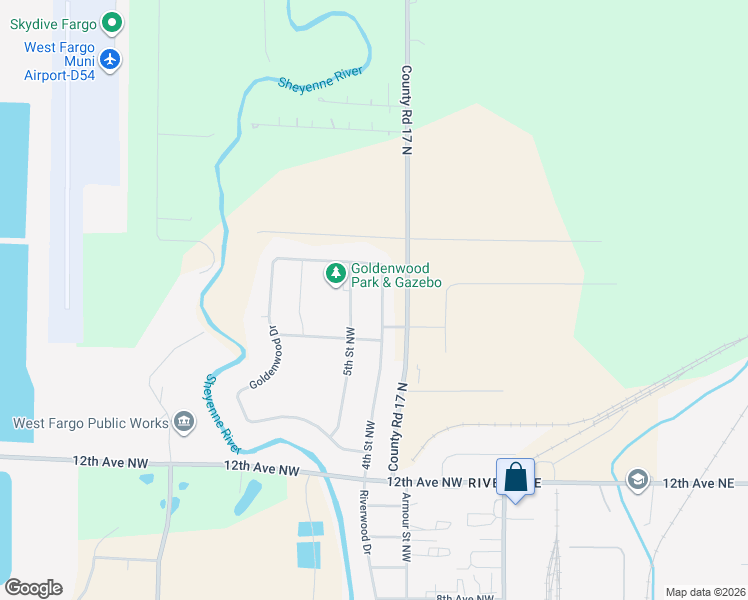 map of restaurants, bars, coffee shops, grocery stores, and more near 1313 5th Street Circle Northwest in West Fargo