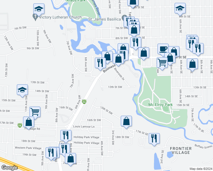 map of restaurants, bars, coffee shops, grocery stores, and more near 316 13th Street Southwest in Jamestown